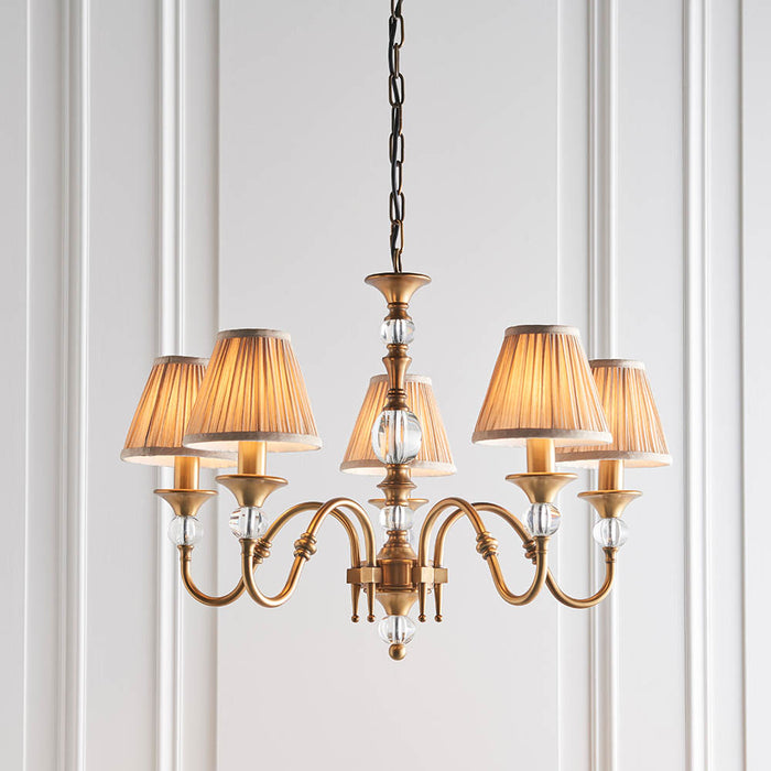 Interiors 1900 Polina antique brass 5lt pendant with beige shades