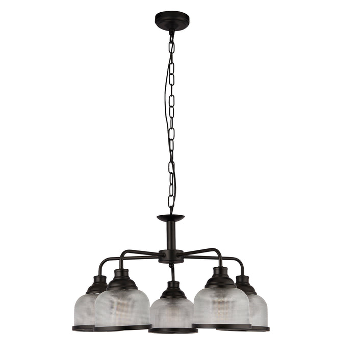 Searchlight  1685-5BK Highworth 5Lt Pendant - Black Metal & Holophane Style Glass