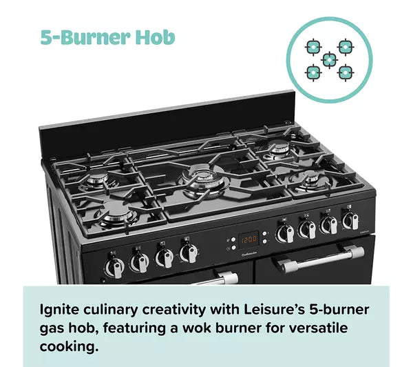 Leisure Cookmaster CK90G232K 90cm Gas Range Cooker with Electric Fan Oven - Black - A+/A Rated - Bonus Superstore