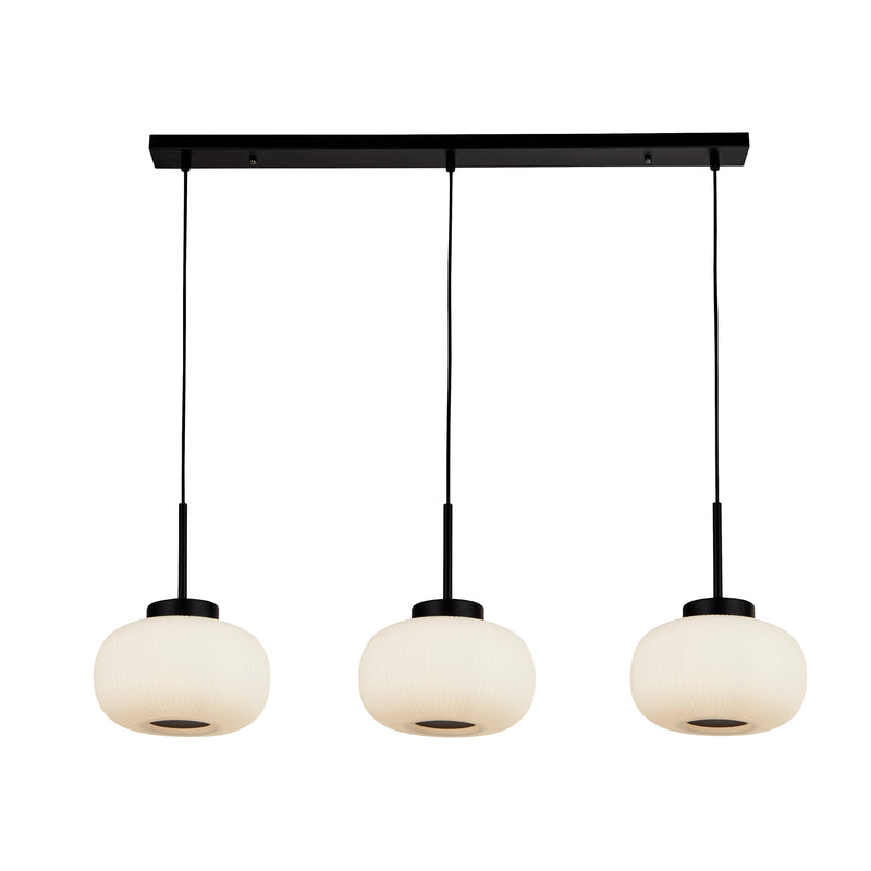 Searchlight  10271-3BK Lumina 3Lt Bar Pendant - Black Metal & Opal Ribbed Glass