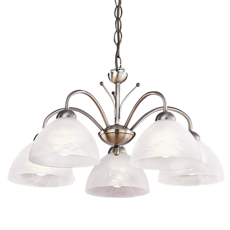 Searchlight  1135-5AB Milanese 5Lt Pendant - Antique Brass Metal & Alabaster Glass