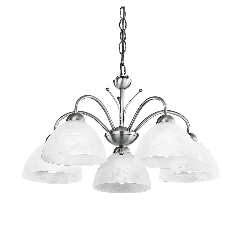 Searchlight  1135-5SS Milanese 5Lt Pendant - Satin Silver Metal & Alabaster Glass