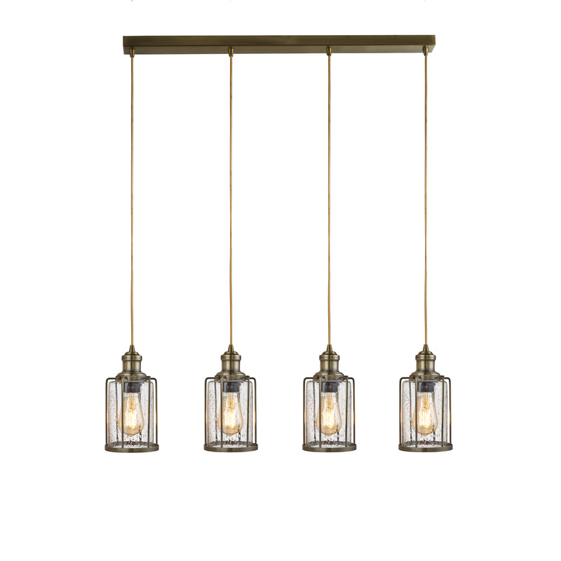 Searchlight  1164-4AB Pipes  4Lt Bar Pendant - Antique Brass Metal & Seeded Glass