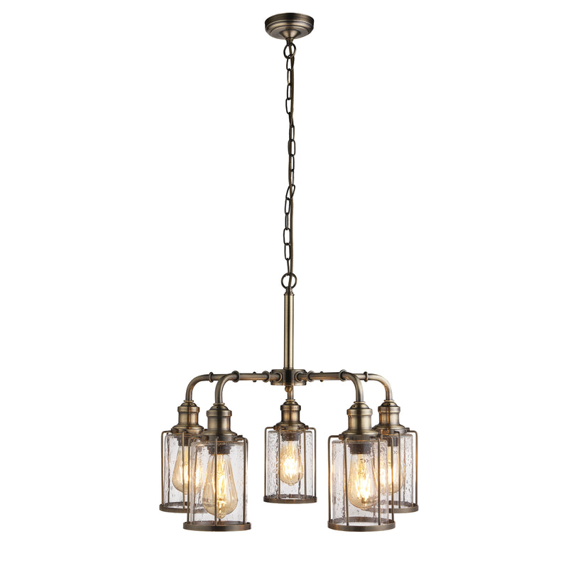 Searchlight  1265-5AB Pipes  5Lt Pendant - Antique Brass Metal & Seeded Glass
