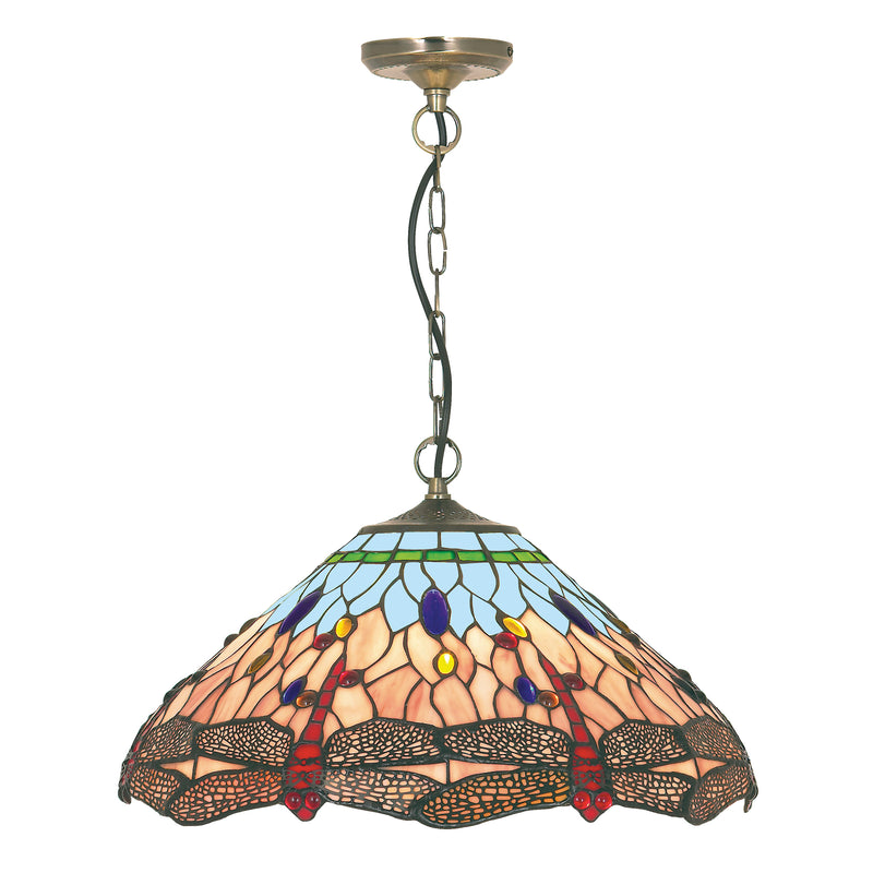 Searchlight  1283-16 Dragonfly  Pendant  - Antique Brass Metal & Stained Glass