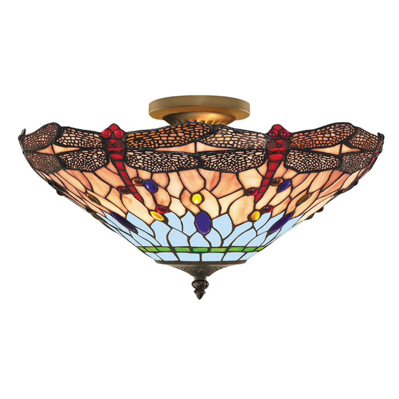 Searchlight  1289-16 Dragonfly  Semi-Flush - Antique Brass Metal & Stained Glass