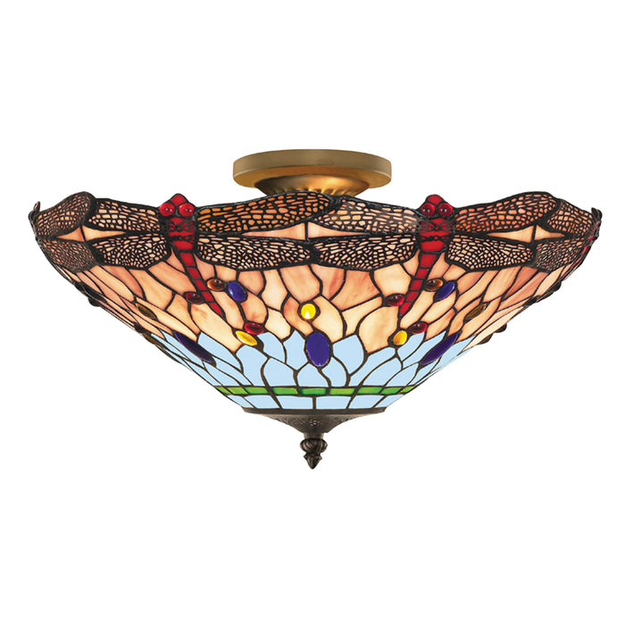 Searchlight 1289-16 Dragonfly  Semi-Flush - Antique Brass Metal & Stained Glass