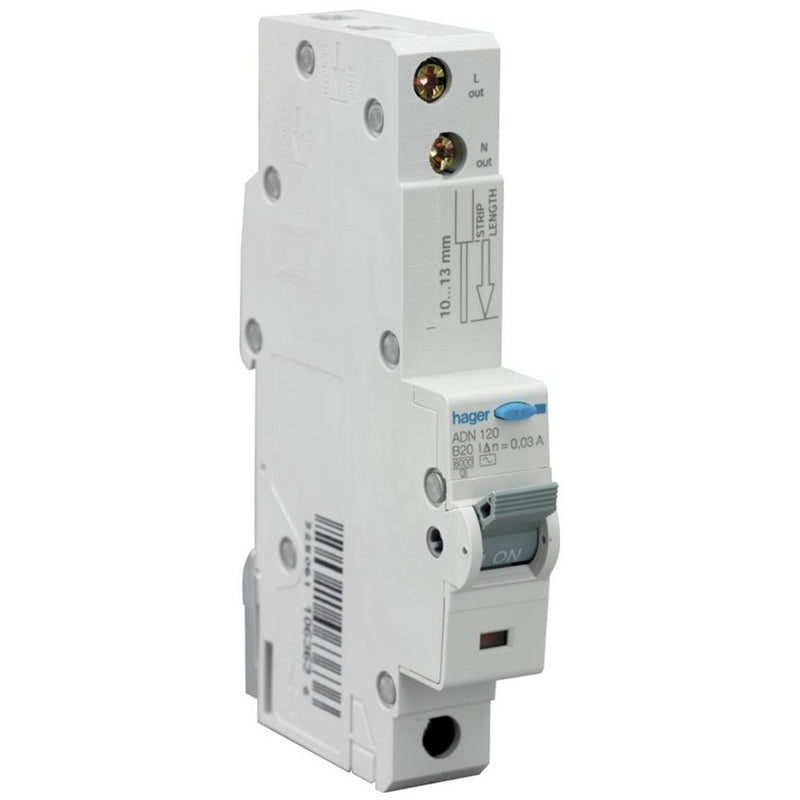 Hager ADN110 10A RCBO, 1 Pole, B Curve, Type AC, 6kA