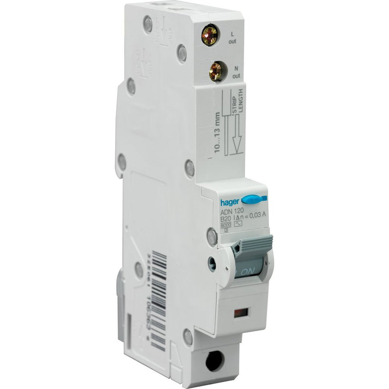 Hager ADN120 RCBO SP AC B 20A 30mA 6kA