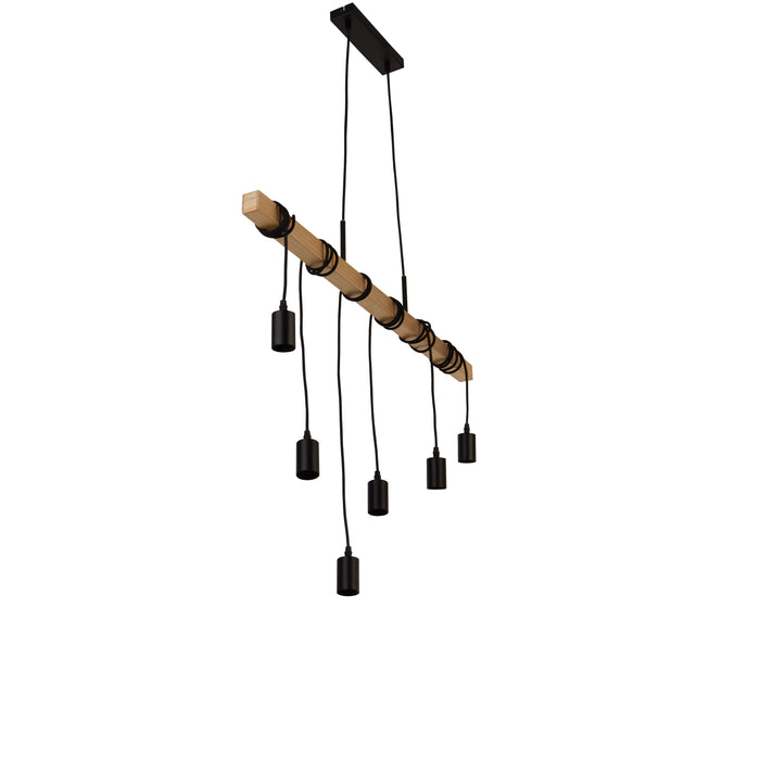 Searchlight  95041-6BR Woody  6Lt Bar Pendant - Natural Wood & Black Metal