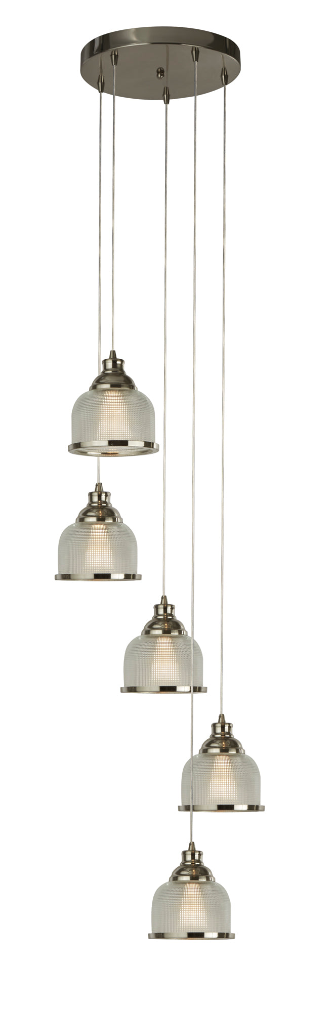 Searchlight  1585-5SS Bistro II 5Lt Pendant - Satin Silver & Holophane Style Glass
