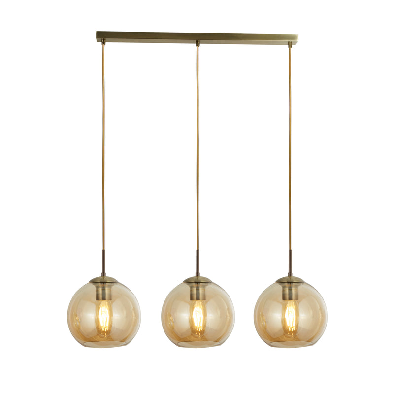 Searchlight  1623-3AM Balls  3Lt Bar Pendant - Antique Brass Metal & Amber Glass