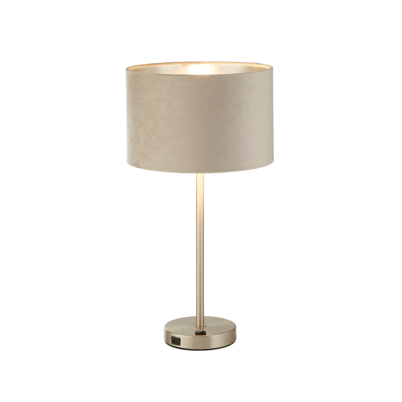 Searchlight  58911TA Finn USB Table Lamp -Satin Nickel Metal & Taupe Velvet Shade
