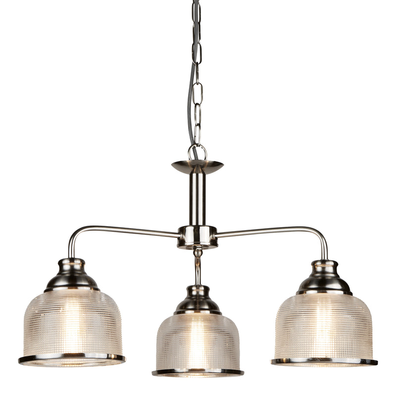 Searchlight  1683-3SS Bistro II 3Lt Pendant- Satin Silver & Holophane Style Glass