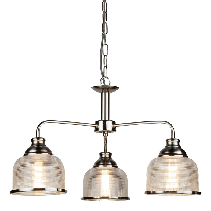 Searchlight 1683-3SS Bistro II 3Lt Pendant- Satin Silver & Holophane Style Glass
