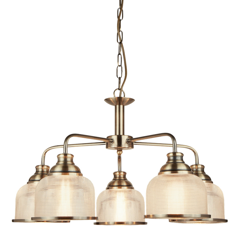 Searchlight  1685-5AB Bistro II 5Lt Pendant -Antique Brass & Holophane Style Glass