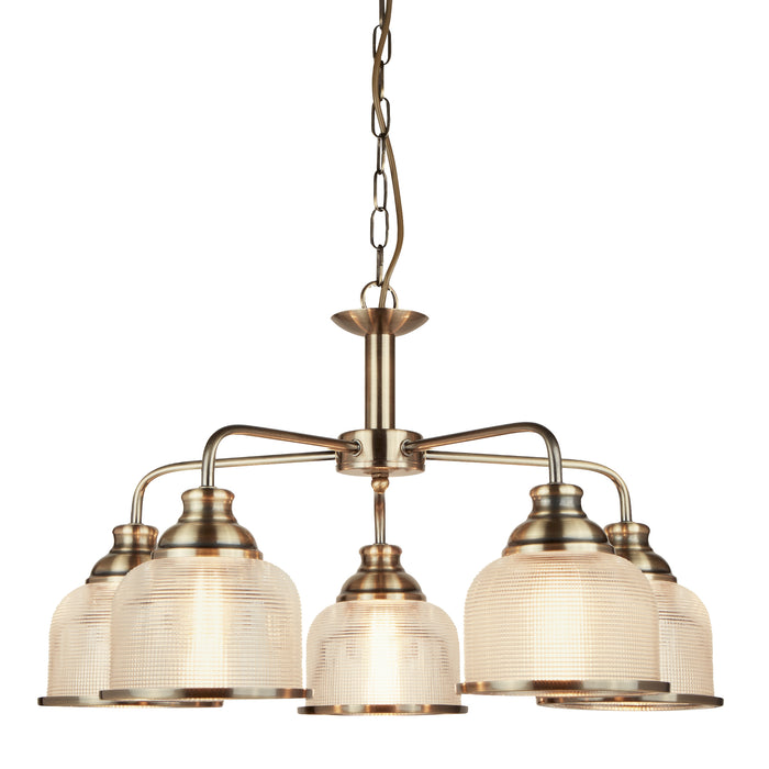 Searchlight 1685-5AB Bistro II 5Lt Pendant -Antique Brass & Holophane Style Glass