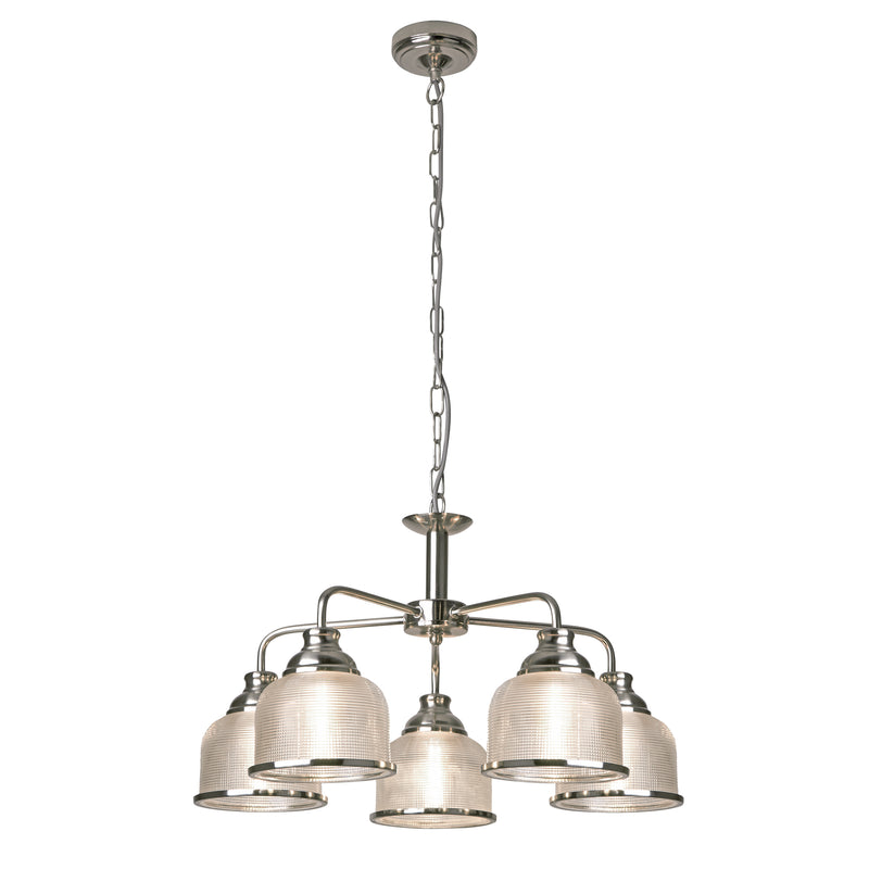 Searchlight  1685-5SS Bistro II 5Lt Pendant- Satin Silver & Holophane Style Glass