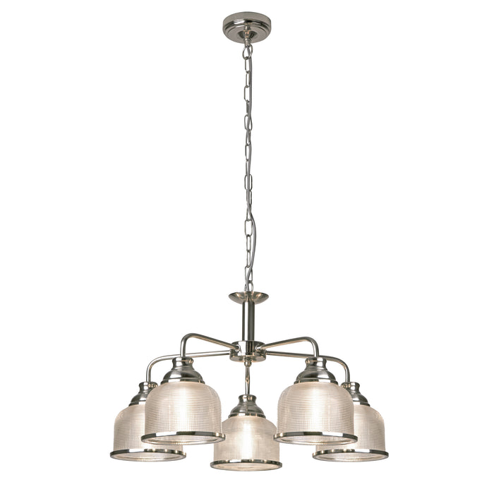 Searchlight 1685-5SS Bistro II 5Lt Pendant- Satin Silver & Holophane Style Glass