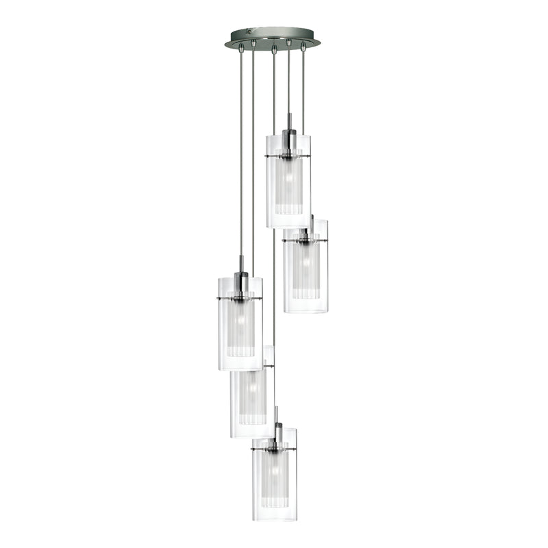 Searchlight  2305-5 Duo I 5Lt Multi-Drop Pendant - Satin Silver Metal & Glass