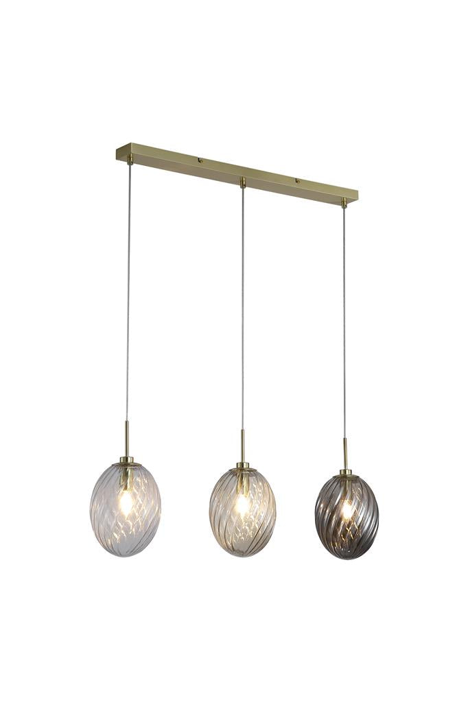 Searchlight 24141-3SB Whirl 3Lt Bar Pendant, Satin Brass Metal, Multi Coloured Glass
