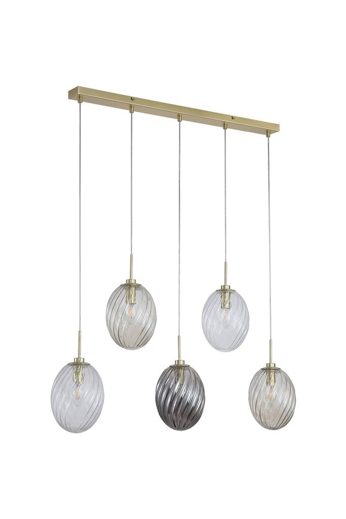 Searchlight 24141-5SB Whirl 5Lt Bar Pendant, Satin Brass Metal,Multi Coloured Glass