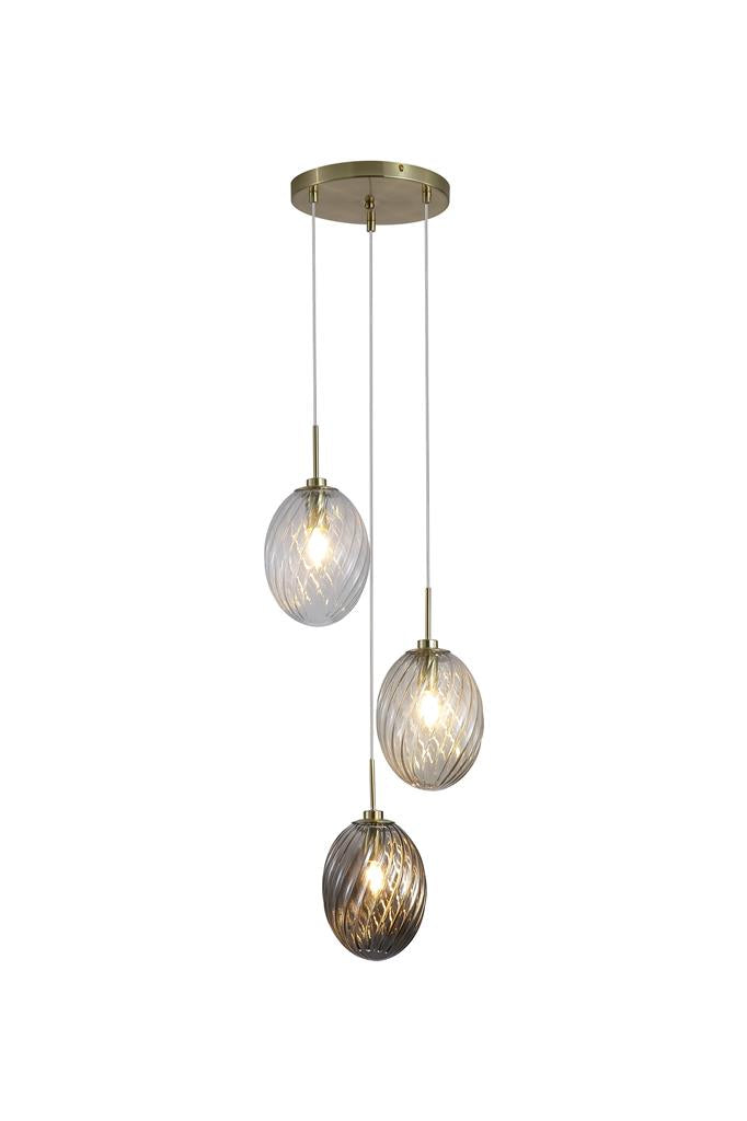 Searchlight 24142-3SB Whirl 3Lt Multi Drop Pendant, Satin Brass Metal, Multi Glass
