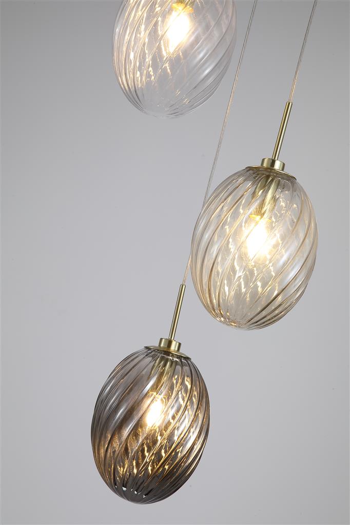 Searchlight 24142-3SB Whirl 3Lt Multi Drop Pendant, Satin Brass Metal, Multi Glass