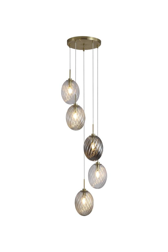 Searchlight 24142-5SB Whirl 5Lt Multi Drop Pendant, Satin Brass Metal, Coloured Gl