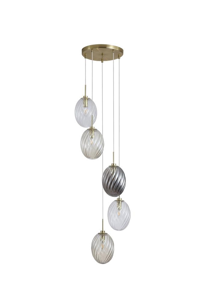 Searchlight 24142-5SB Whirl 5Lt Multi Drop Pendant, Satin Brass Metal, Coloured Gl
