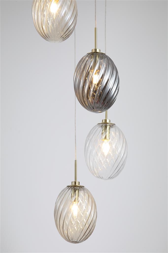 Searchlight 24142-5SB Whirl 5Lt Multi Drop Pendant, Satin Brass Metal, Coloured Gl