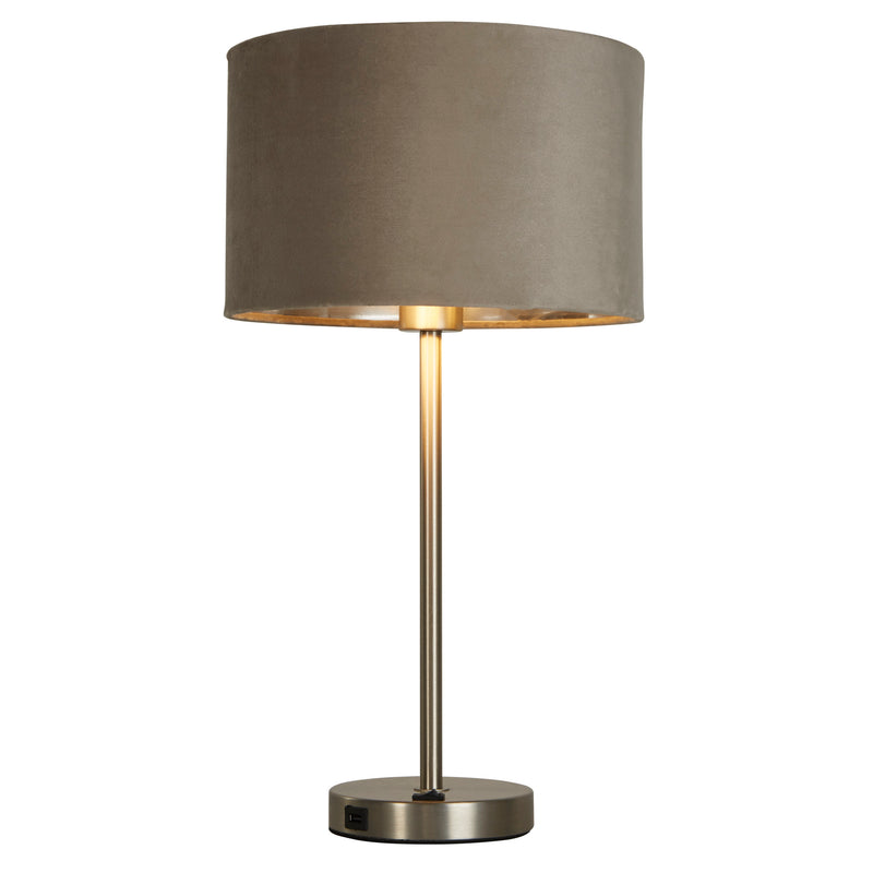 Searchlight  58911TA Finn USB Table Lamp -Satin Nickel Metal & Taupe Velvet Shade