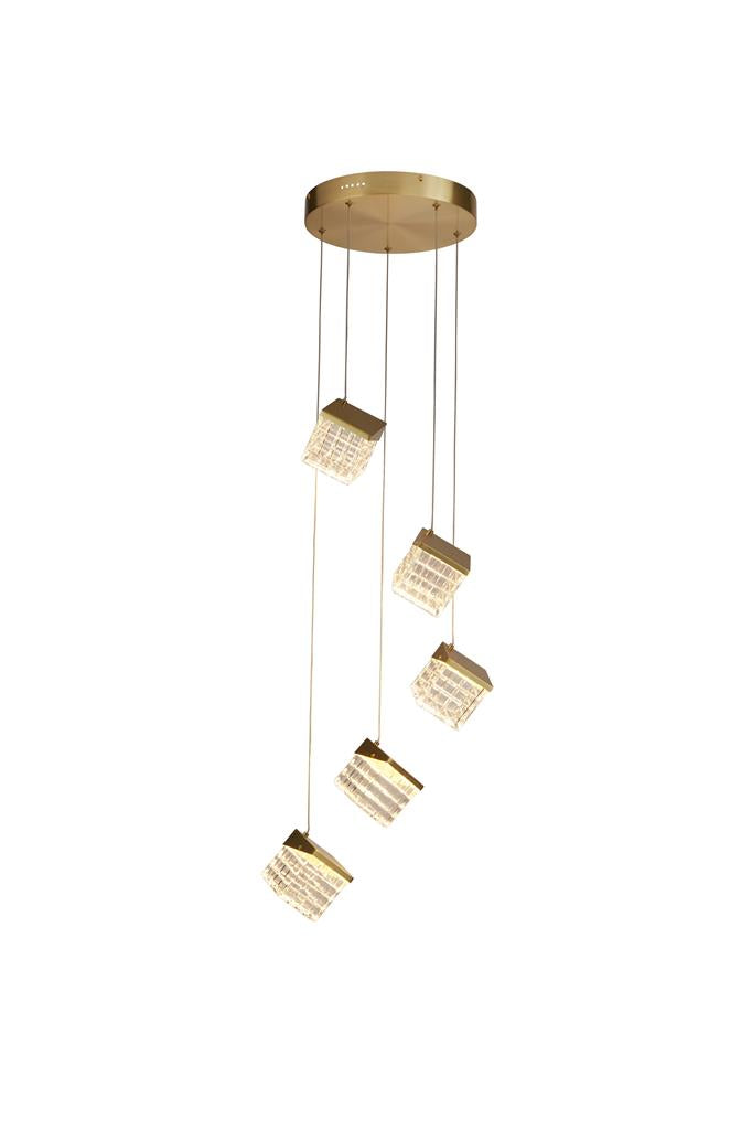 Searchlight 33640-5SB Cuboid 5Lt LED Multi Drop Pendant, Satin Brass Metal