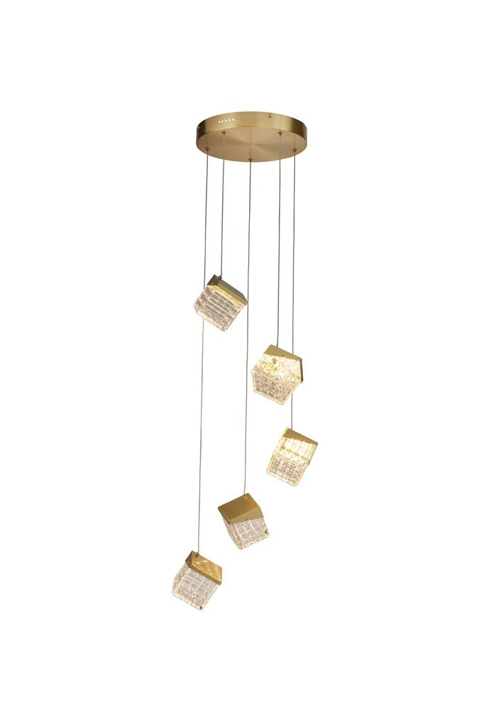 Searchlight 33640-5SB Cuboid 5Lt LED Multi Drop Pendant, Satin Brass Metal