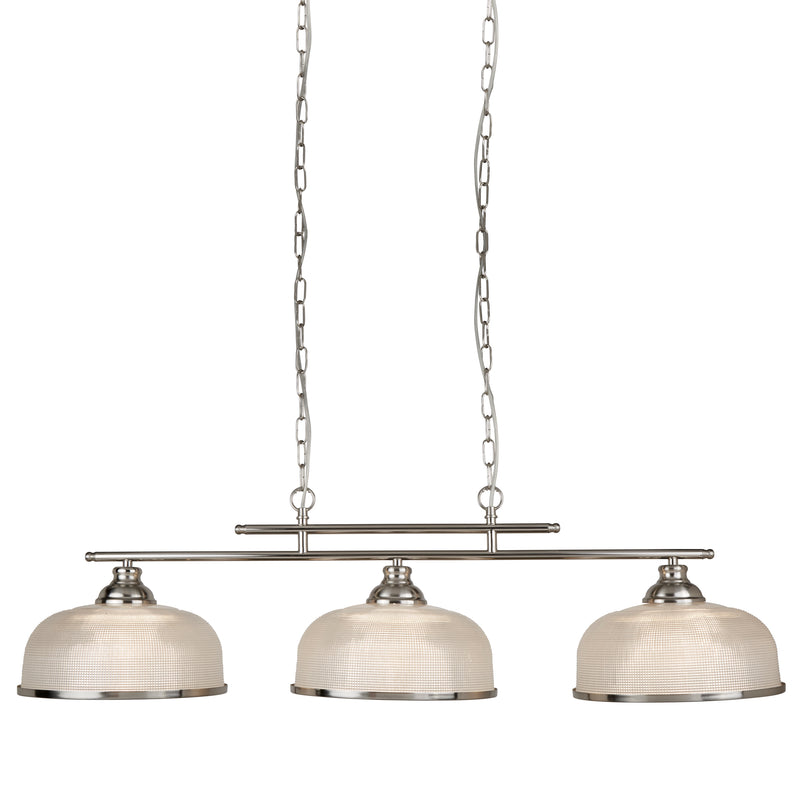Searchlight  3593-3SS Bistro II 3Lt Pendant - Satin Silver & Holophane Style Glass
