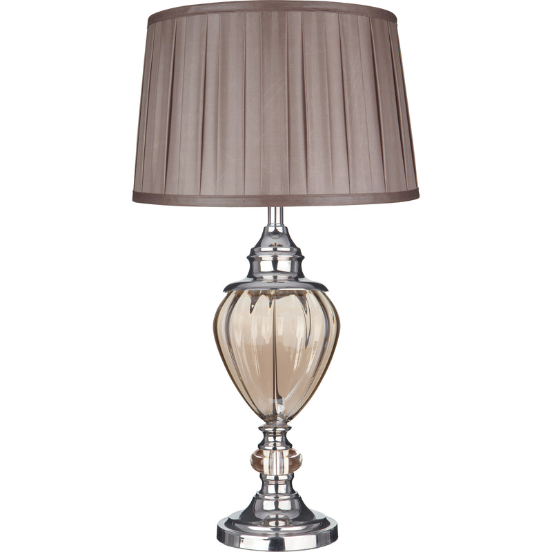Searchlight  3721AM Greyson Table Lamp - Chrome, Amber Glass & Brown Shade