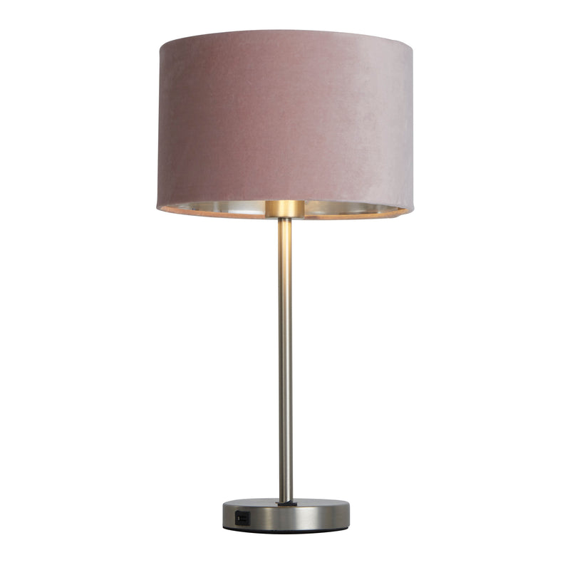 Searchlight  58911PI Finn USB Table Lamp - Satin Nickel Metal & Pink Velvet Shade