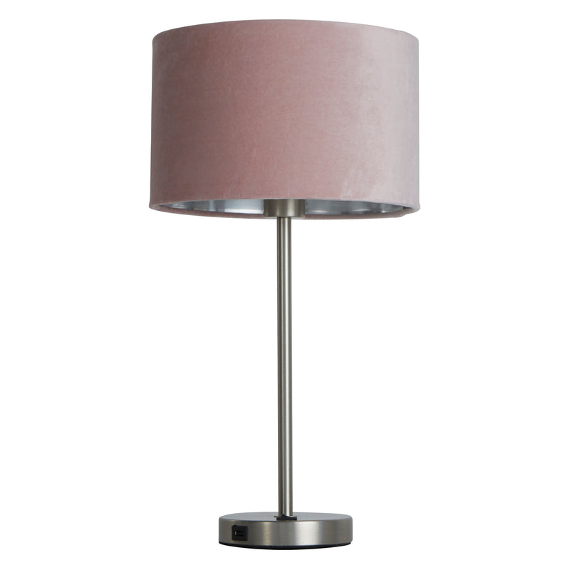 Searchlight  58911PI Finn USB Table Lamp - Satin Nickel Metal & Pink Velvet Shade