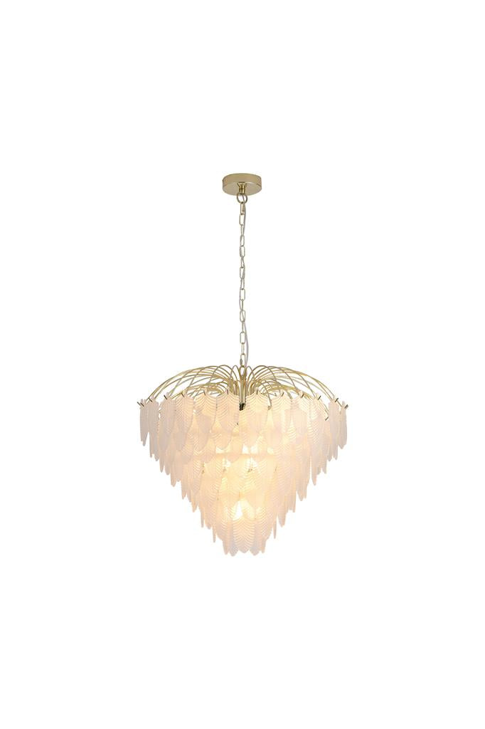 Searchlight 48970-10SB Feather 10Lt Pendant, Polished Brass with Frosted Glass