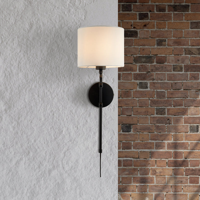 Searchlight  12081-1BK Munich Wall Light - Matt Black Metal & Natural Linen Shade