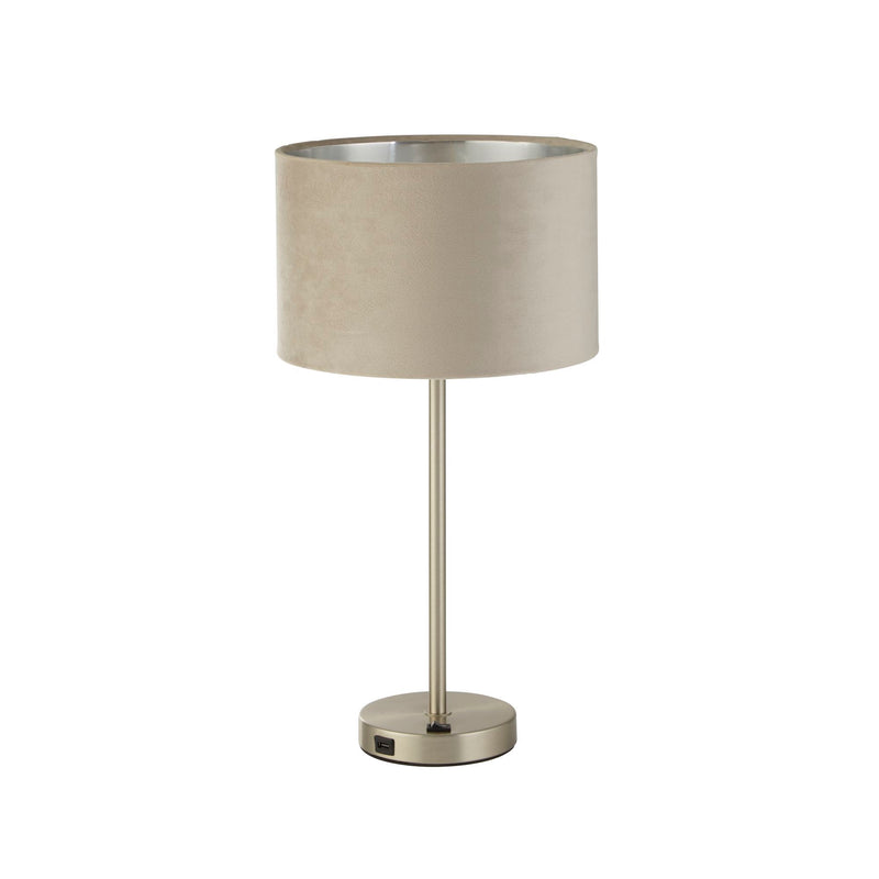 Searchlight  58911TA Finn USB Table Lamp -Satin Nickel Metal & Taupe Velvet Shade