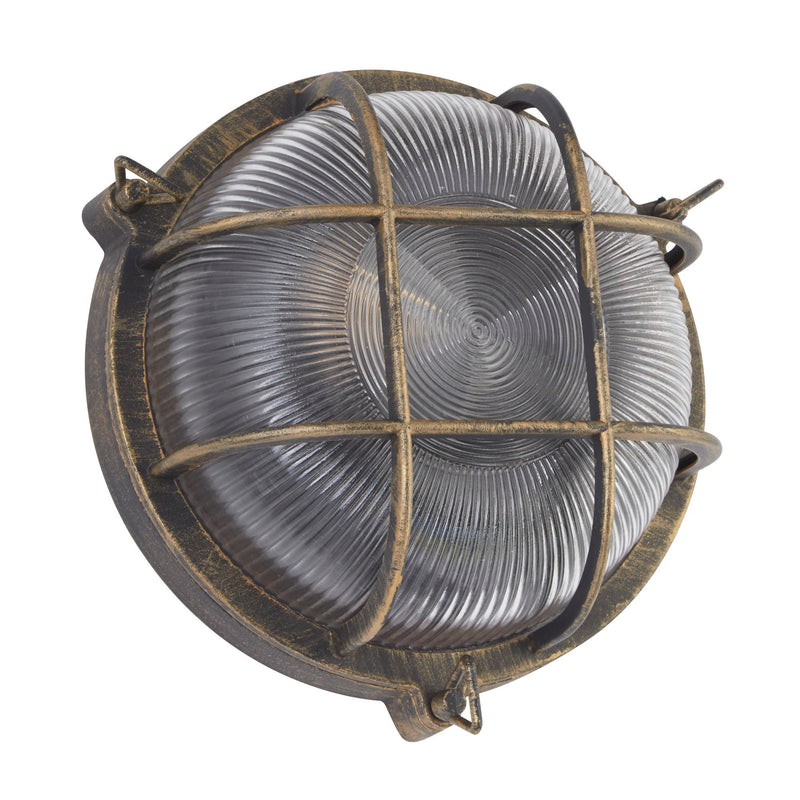 Searchlight  61401BG Bulkhead Round Outdoor Light -Black Gold Metal & Clear Glass
