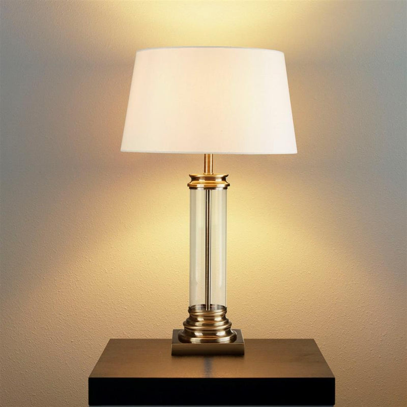 Searchlight  5141AB Pedestal Table Lamp - Antique Brass, Glass & Cream Fabric