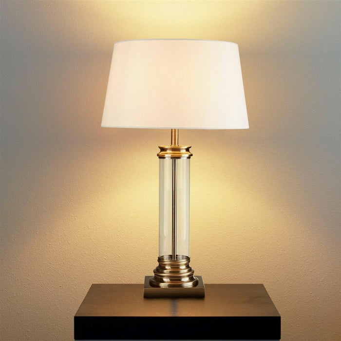 Searchlight  5141AB Pedestal Table Lamp - Antique Brass, Glass & Cream Fabric