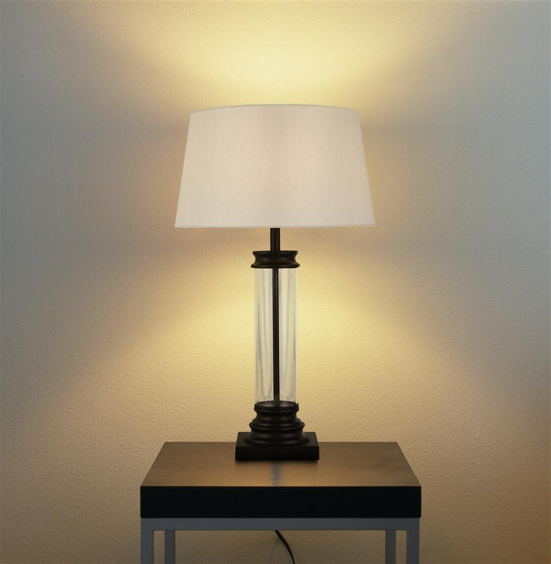 Searchlight  5141BK Pedestal Table Lamp- Black Metal, Glass & White Fabric Shade