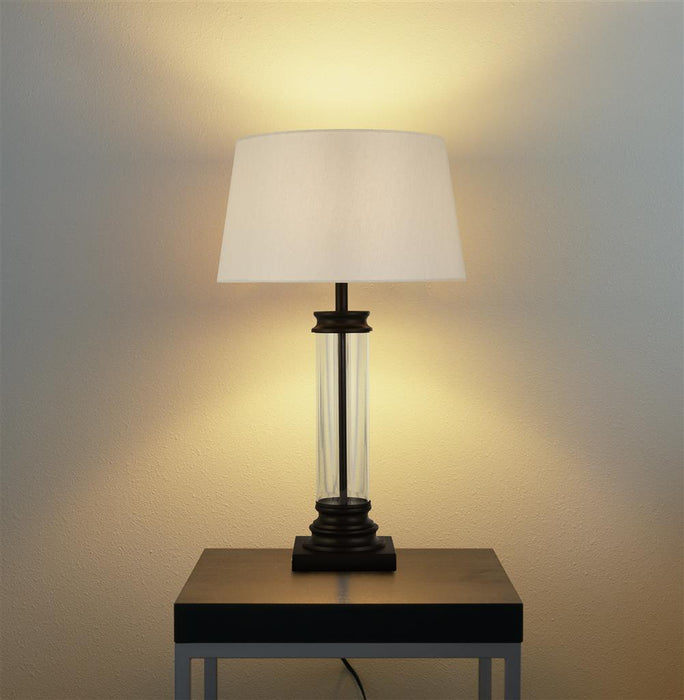Searchlight  5141BK Pedestal Table Lamp- Black Metal, Glass & White Fabric Shade