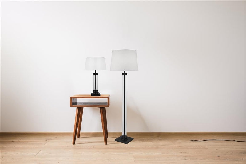 Searchlight  5142BK Pedestal Floor Lamp- Black Metal, Glass & White Fabric Shade
