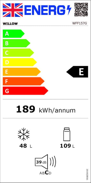 Willow WFF157G 157L Freestanding 70/30 Fridge Freezer with Adjustable Thermostat, Mark-Proof Finish, Low Frost, 2 Year Warranty - Grey [Energy Class E]