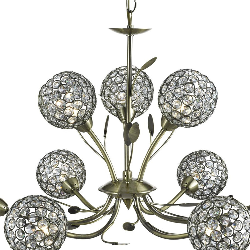 Searchlight  5579-9AB Bellis Ii 9Lt Pendant - Antique Brass & Clear Crystal Beads