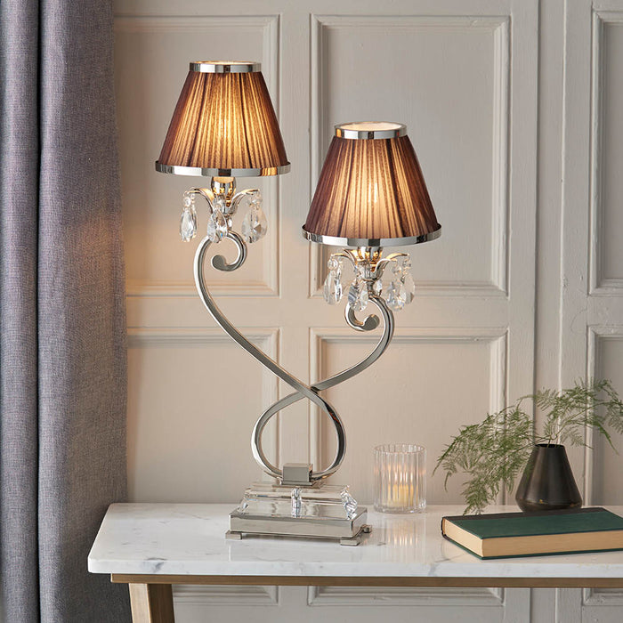 Interiors 1900 Oksana nickel Twin table lamp with chocolate shades